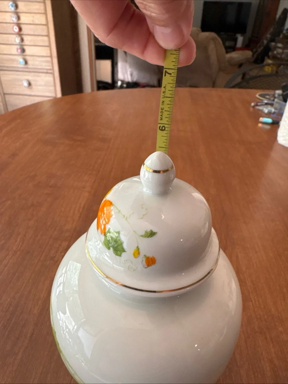 Porcelain Floral Ginger Jar in White with Orange and Green Accents